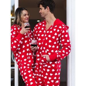 Tipsy Elves Red & White Beating Heart Jumpsuit/Onesie PJ's Loungewear L NWT